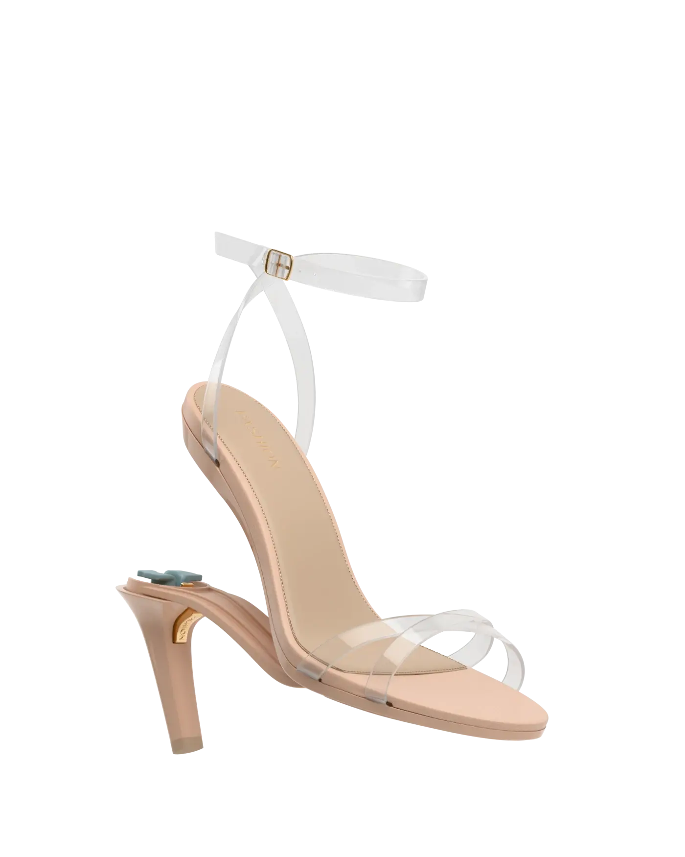 convertible transaprent strappy high heel stiletto sandal with a beige footbed