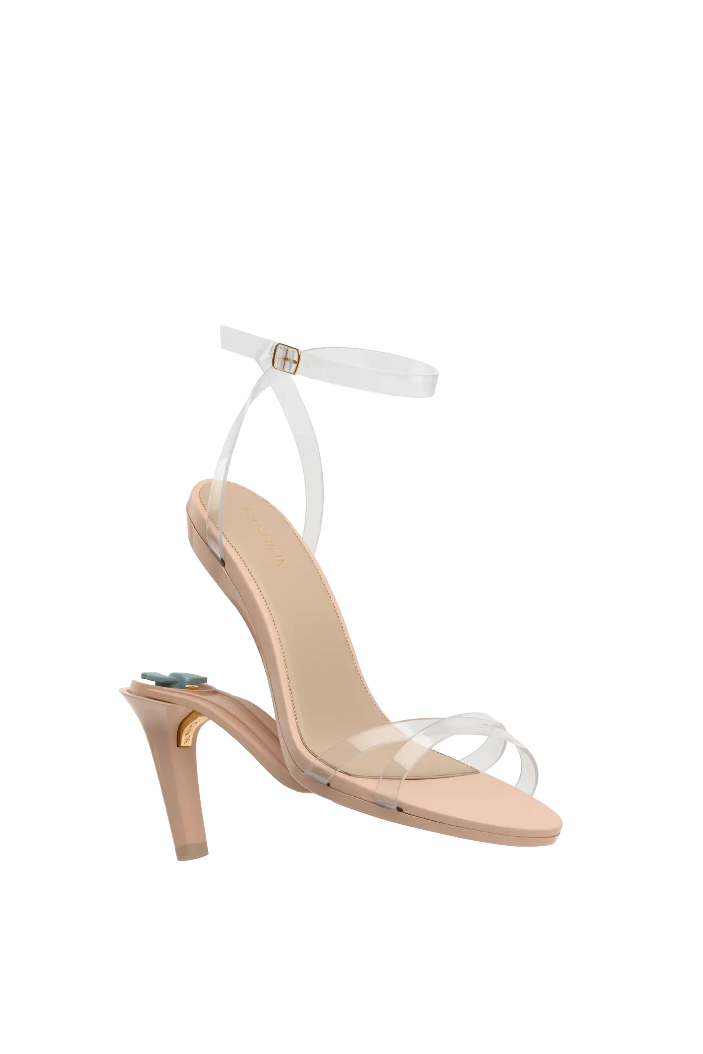 convertible transaprent strappy high heel stiletto sandal with a beige footbed