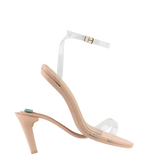 side view of convertible transaprent strappy high heel stiletto sandal with a beige footbed