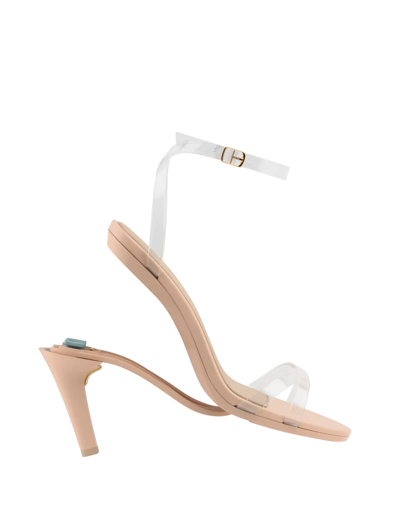side view of convertible transaprent strappy high heel stiletto sandal with a beige footbed