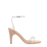 side view of convertible transaprent strappy high heel stiletto sandal with a beige footbed