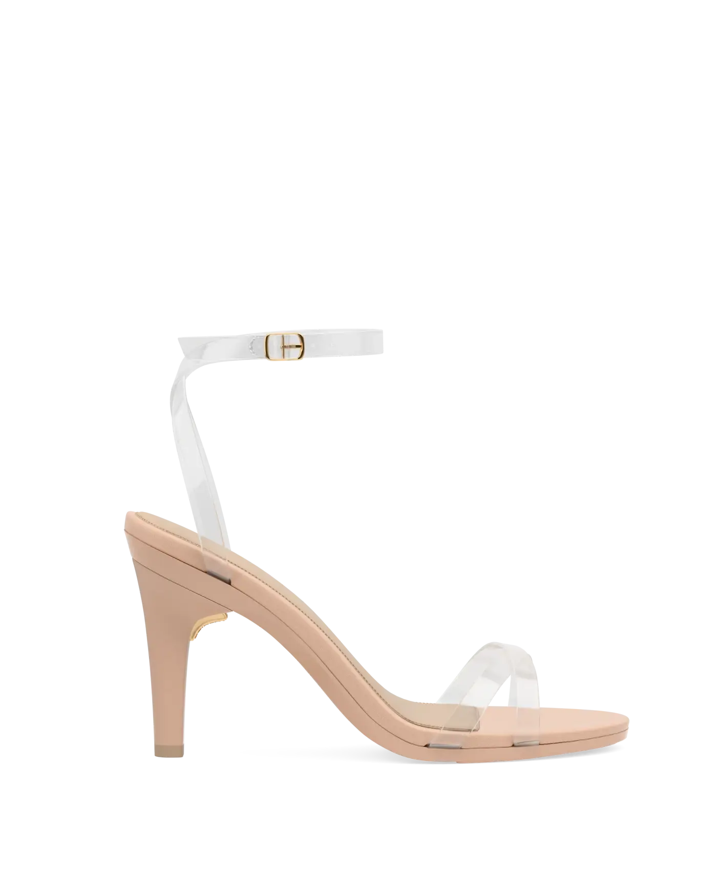 side view of convertible transaprent strappy high heel stiletto sandal with a beige footbed