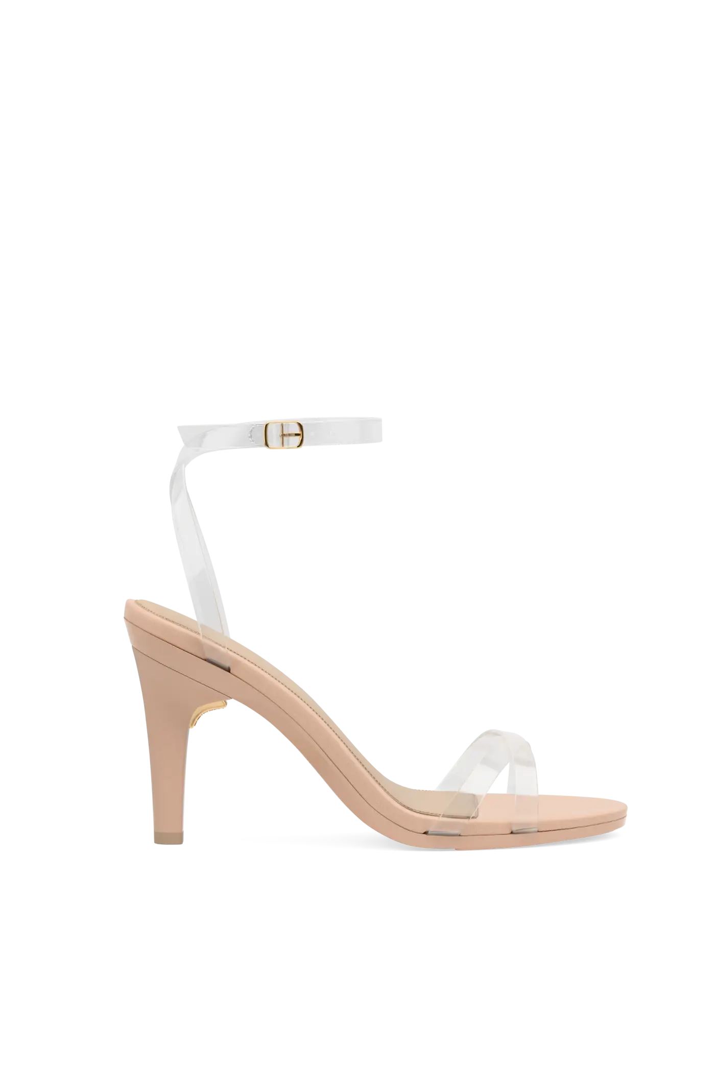 side view of convertible transaprent strappy high heel stiletto sandal with a beige footbed