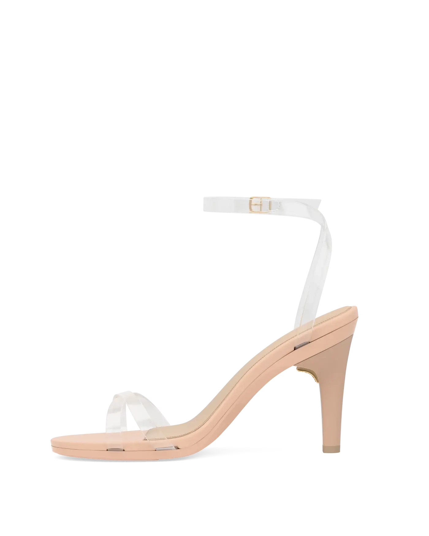 side view of convertible transaprent strappy high heel stiletto sandal with a beige footbed