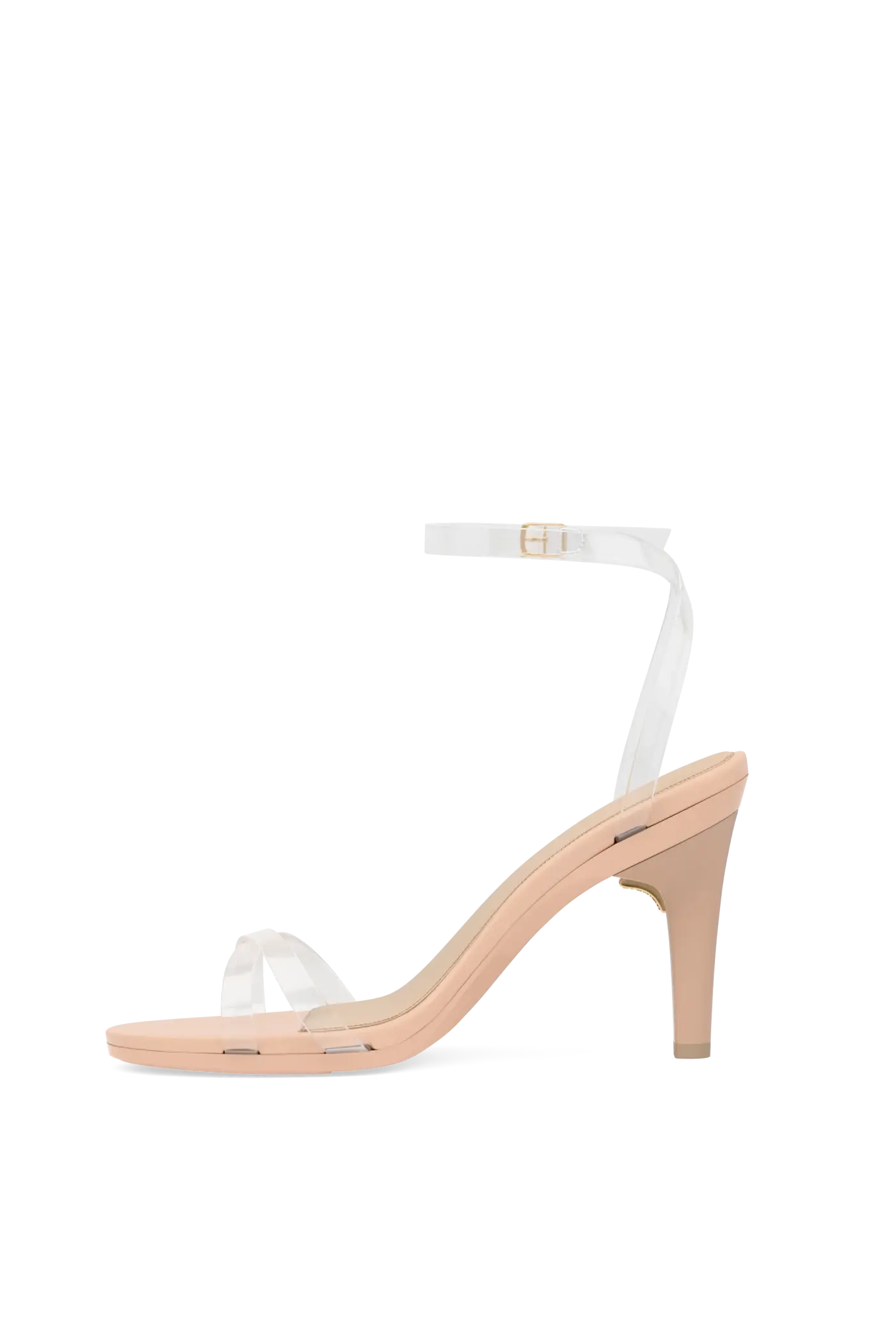 side view of convertible transaprent strappy high heel stiletto sandal with a beige footbed