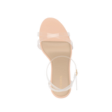 top view of a clear strap, open toe strappy sandal with open heel with beige footbed