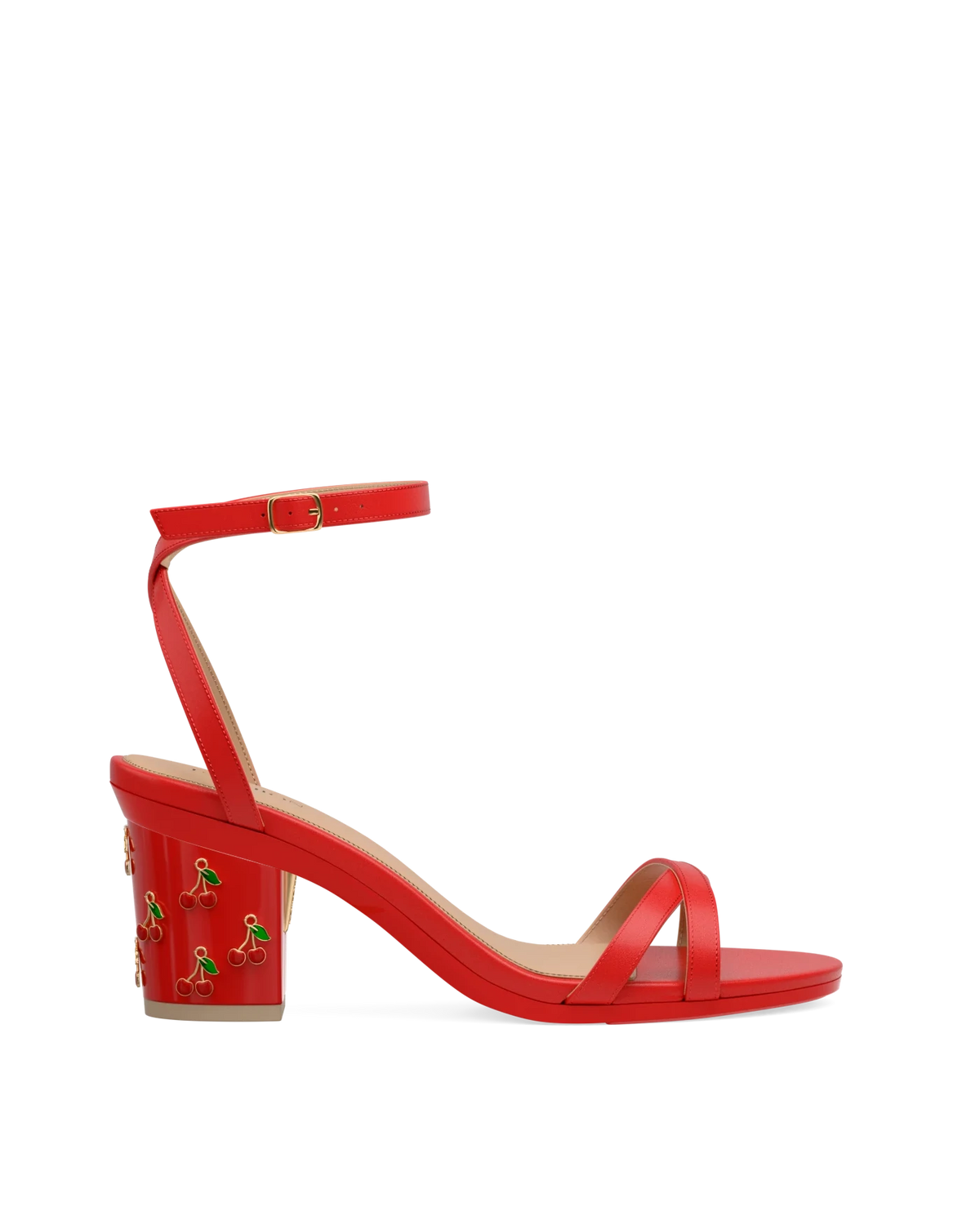 Block Heel Kit 3 Cherry Red Cherry Charm shown on the Brynn Cherry Red Leather upper. Pashion convertible heels go from heel to flat and are customizable with interchangeable heel kits.