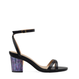 Block Heel Kit 3 Aurora Borealis shown on the Brynn Coal Leather upper. Pashion convertible heels go from heel to flat and are customizable with interchangeable heel kits.