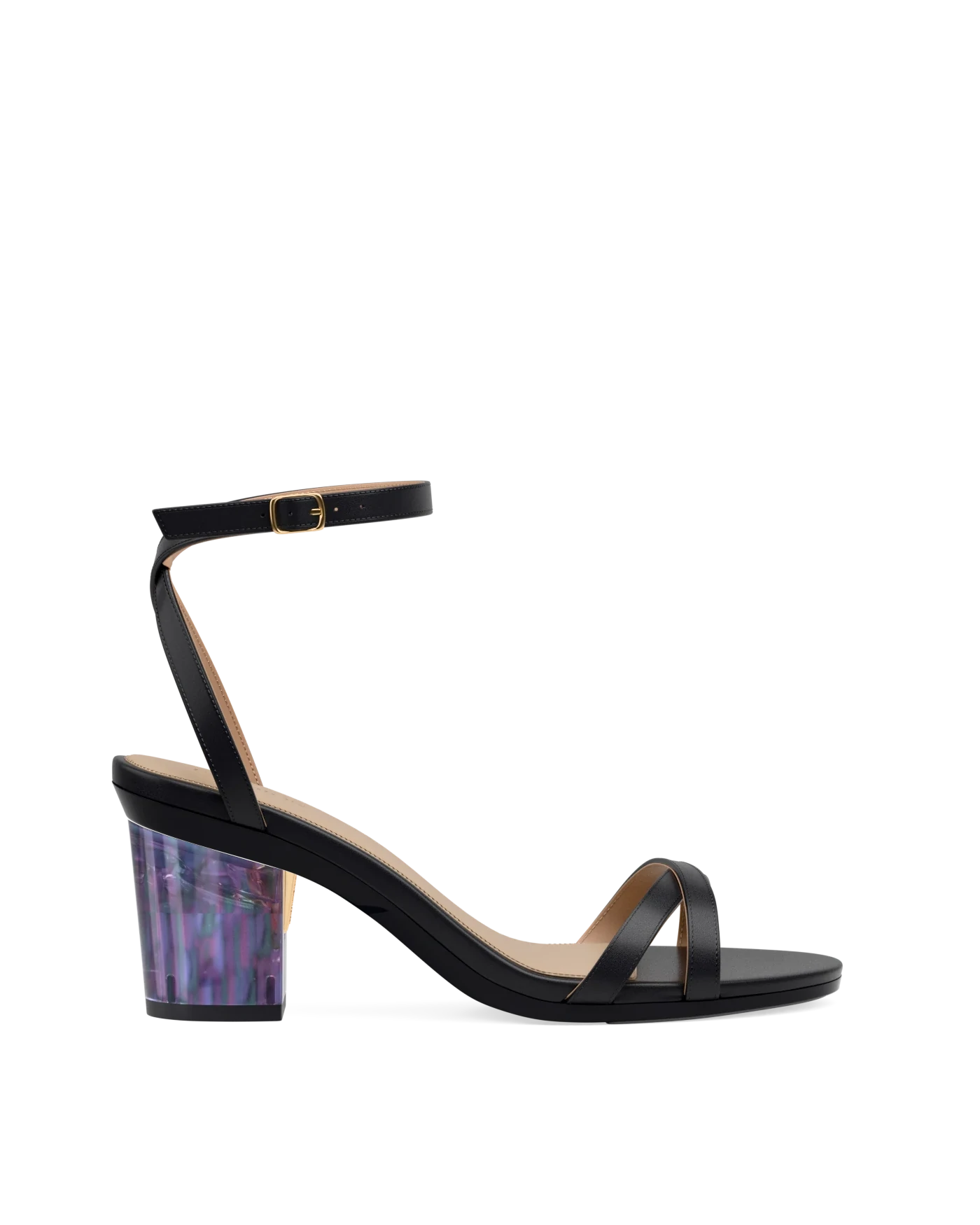 Block Heel Kit 3 Aurora Borealis shown on the Brynn Coal Leather upper. Pashion convertible heels go from heel to flat and are customizable with interchangeable heel kits.