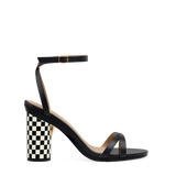 Cylinder Block Heel Kit 4 Checker Coal & Ivory shown on the Brynn Coal Leather upper. Pashion convertible heels go from heel to flat and are customizable with interchangeable heel kits.