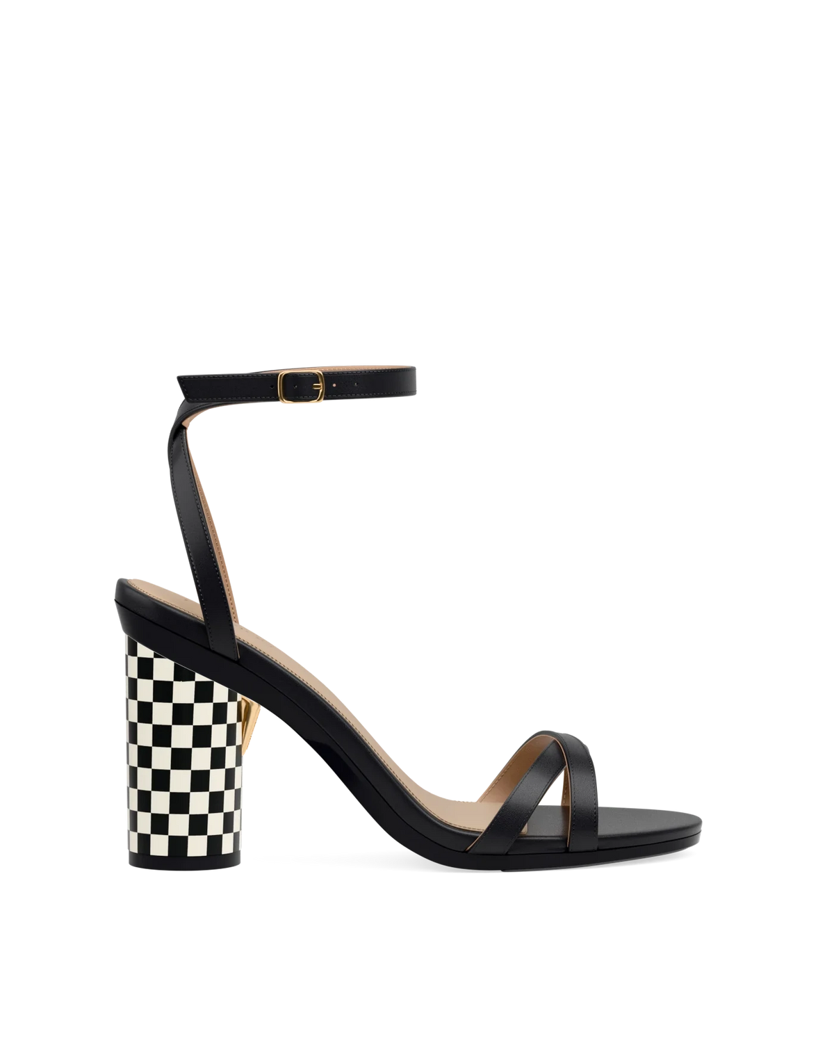 Cylinder Block Heel Kit 4 Checker Coal & Ivory shown on the Brynn Coal Leather upper. Pashion convertible heels go from heel to flat and are customizable with interchangeable heel kits.
