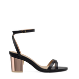 Block Heel Kit 3 Rose Gold Metallic shown on the Brynn Coal Leather upper. Pashion convertible heels go from heel to flat and are customizable with interchangeable heel kits.