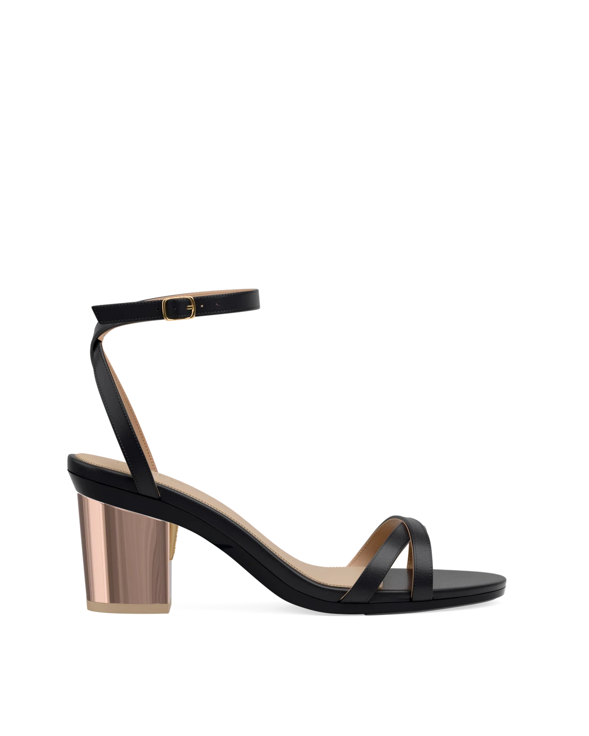 Block Heel Kit 3 Rose Gold Metallic shown on the Brynn Coal Leather upper. Pashion convertible heels go from heel to flat and are customizable with interchangeable heel kits.