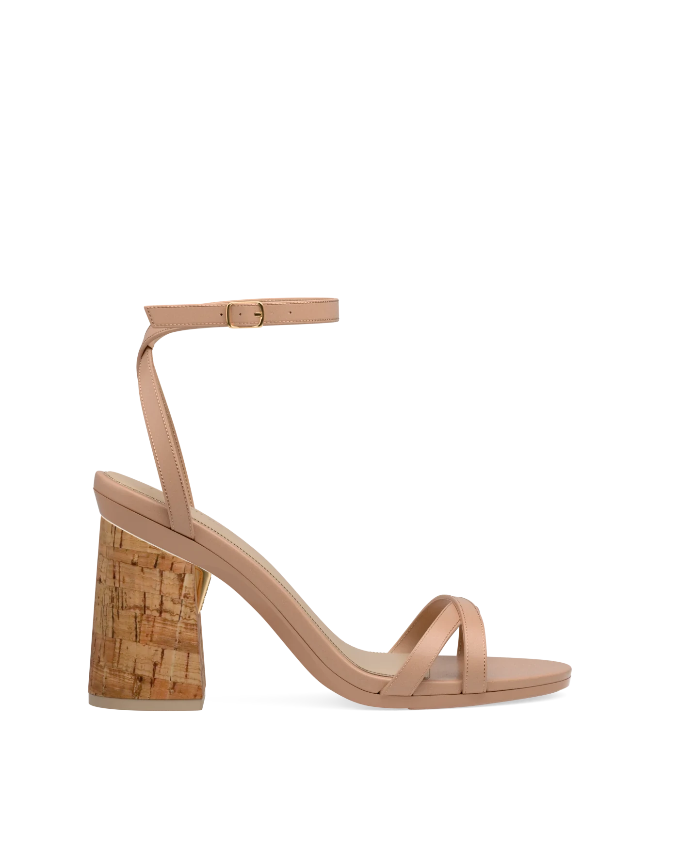 Flare Block Heel Kit 4 Cork shown on the Brynn Latte Leather upper. Pashion convertible heels go from heel to flat and are customizable with interchangeable heel kits.
