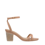 Block Heel Kit 3 Gold Rhinestone shown on the Brynn Latte Leather upper. Pashion convertible heels go from heel to flat and are customizable with interchangeable heel kits.