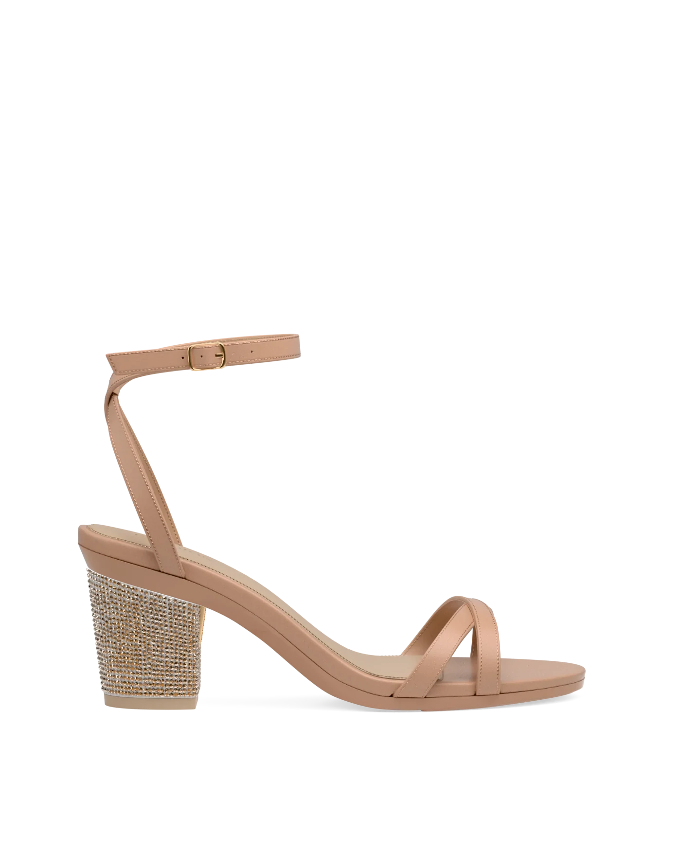 Block Heel Kit 3 Gold Rhinestone shown on the Brynn Latte Leather upper. Pashion convertible heels go from heel to flat and are customizable with interchangeable heel kits.