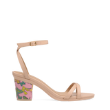 Block Heel Kit 3 Pink Butterfly Embroidery shown on the Brynn Sand Leather upper. Pashion convertible heels go from heel to flat and are customizable with interchangeable heel kits.