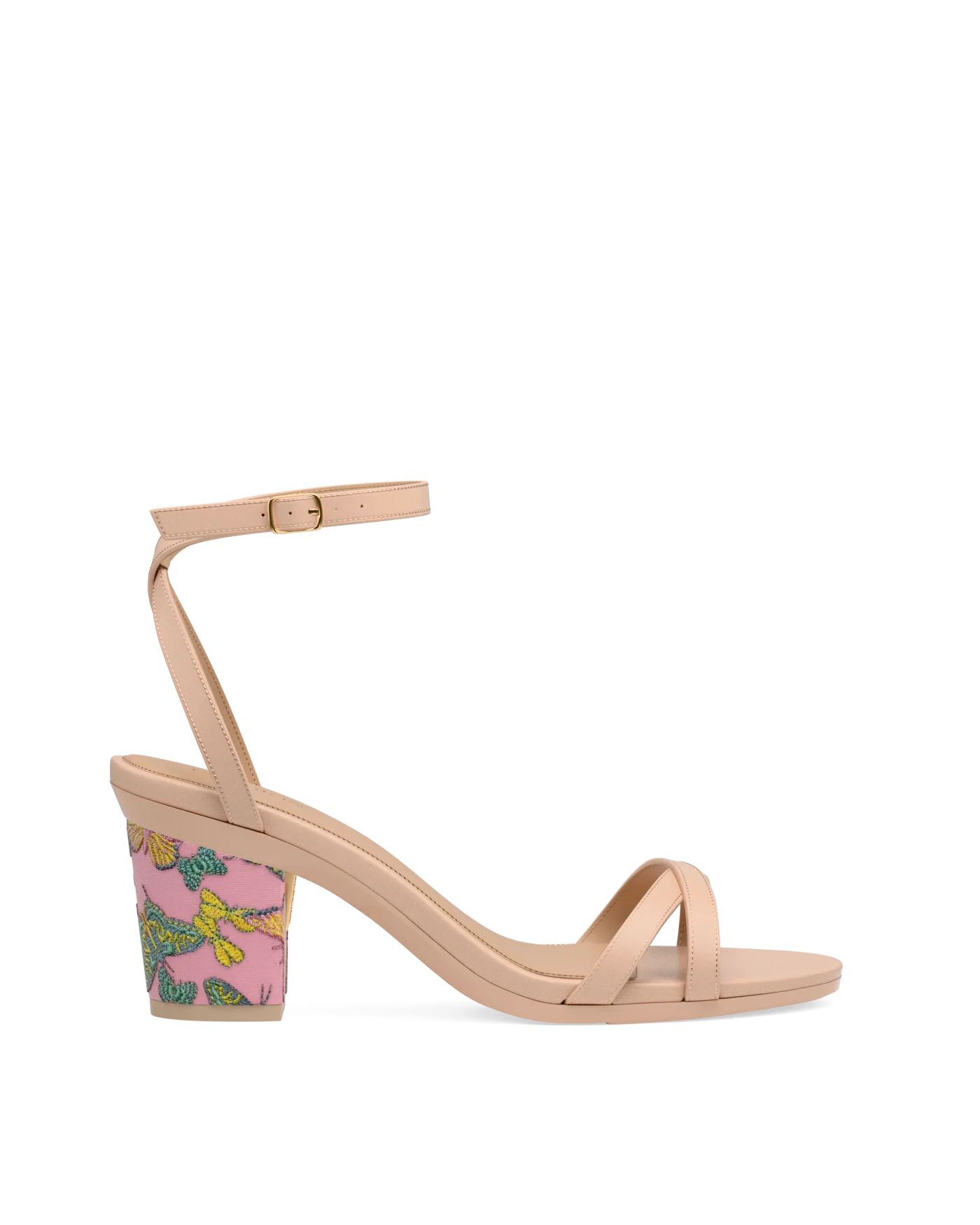 Block Heel Kit 3 Pink Butterfly Embroidery shown on the Brynn Sand Leather upper. Pashion convertible heels go from heel to flat and are customizable with interchangeable heel kits.