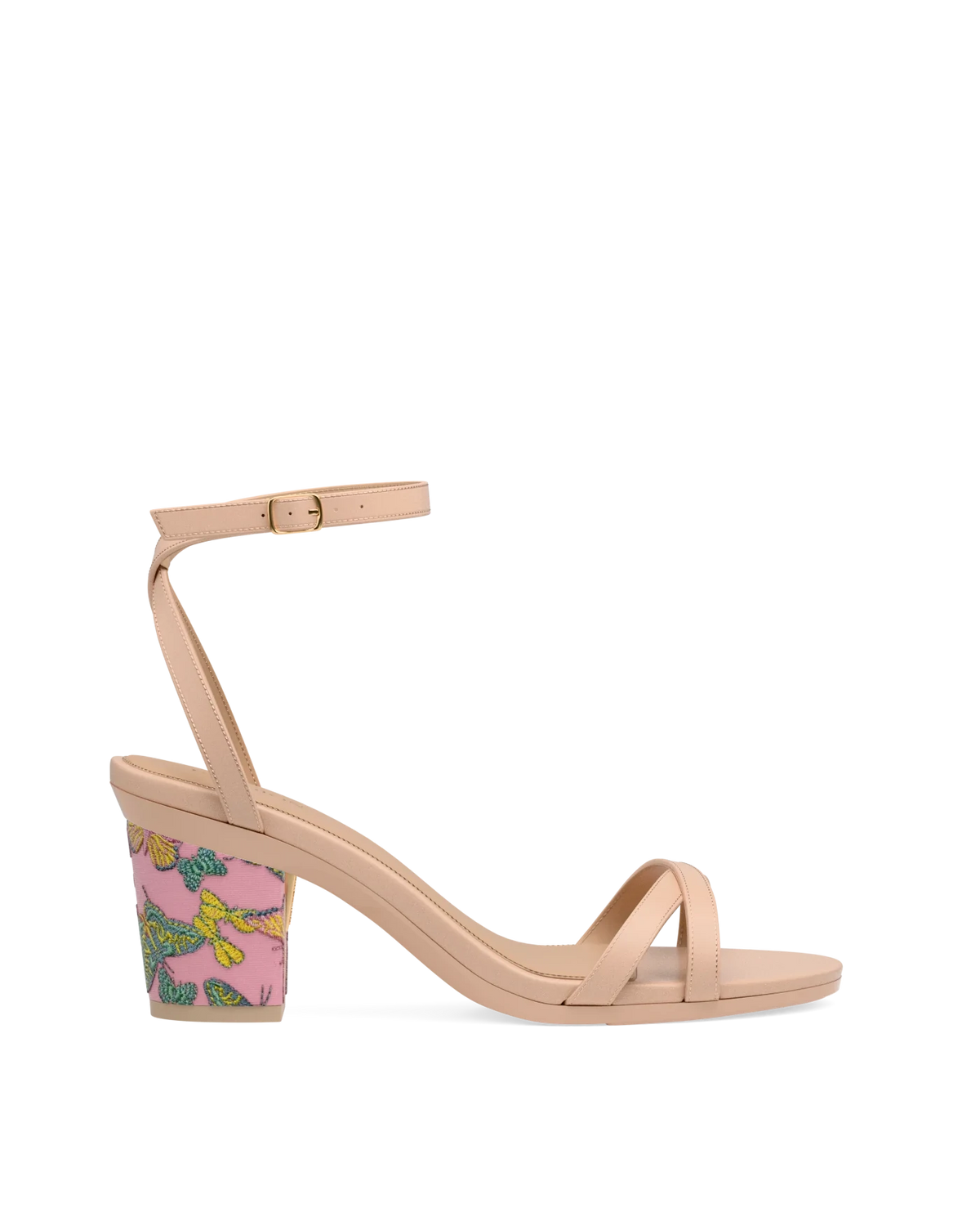 Block Heel Kit 3 Pink Butterfly Embroidery shown on the Brynn Sand Leather upper. Pashion convertible heels go from heel to flat and are customizable with interchangeable heel kits.