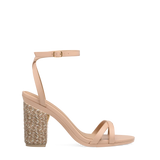 Block Heel Kit 4 Sand & Latte Espadrille shown on the Brynn Sand Leather upper. Pashion convertible heels go from heel to flat and are customizable with interchangeable heel kits.