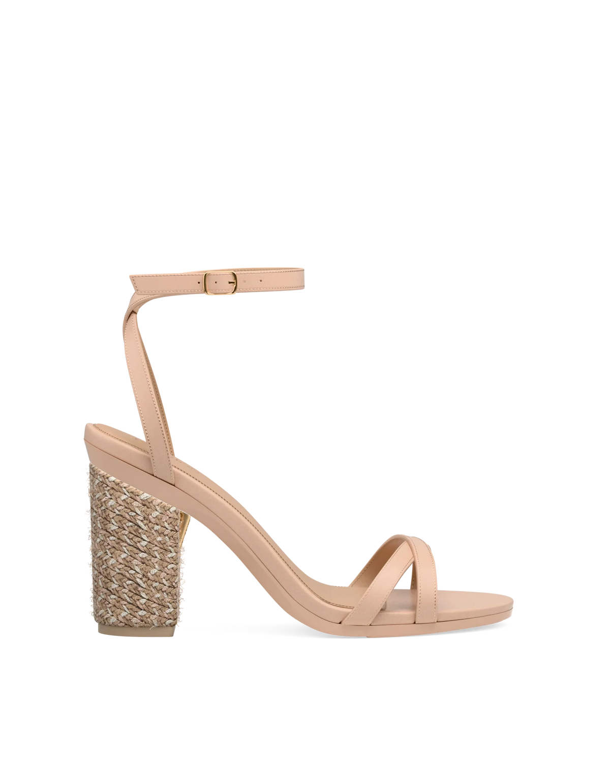 Block Heel Kit 4 Sand & Latte Espadrille shown on the Brynn Sand Leather upper. Pashion convertible heels go from heel to flat and are customizable with interchangeable heel kits.