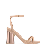 Flare Block Heel Kit 4 Rose Gold Metallic shown on the Brynn Sand Leather upper. Pashion convertible heels go from heel to flat and are customizable with interchangeable heel kits.
