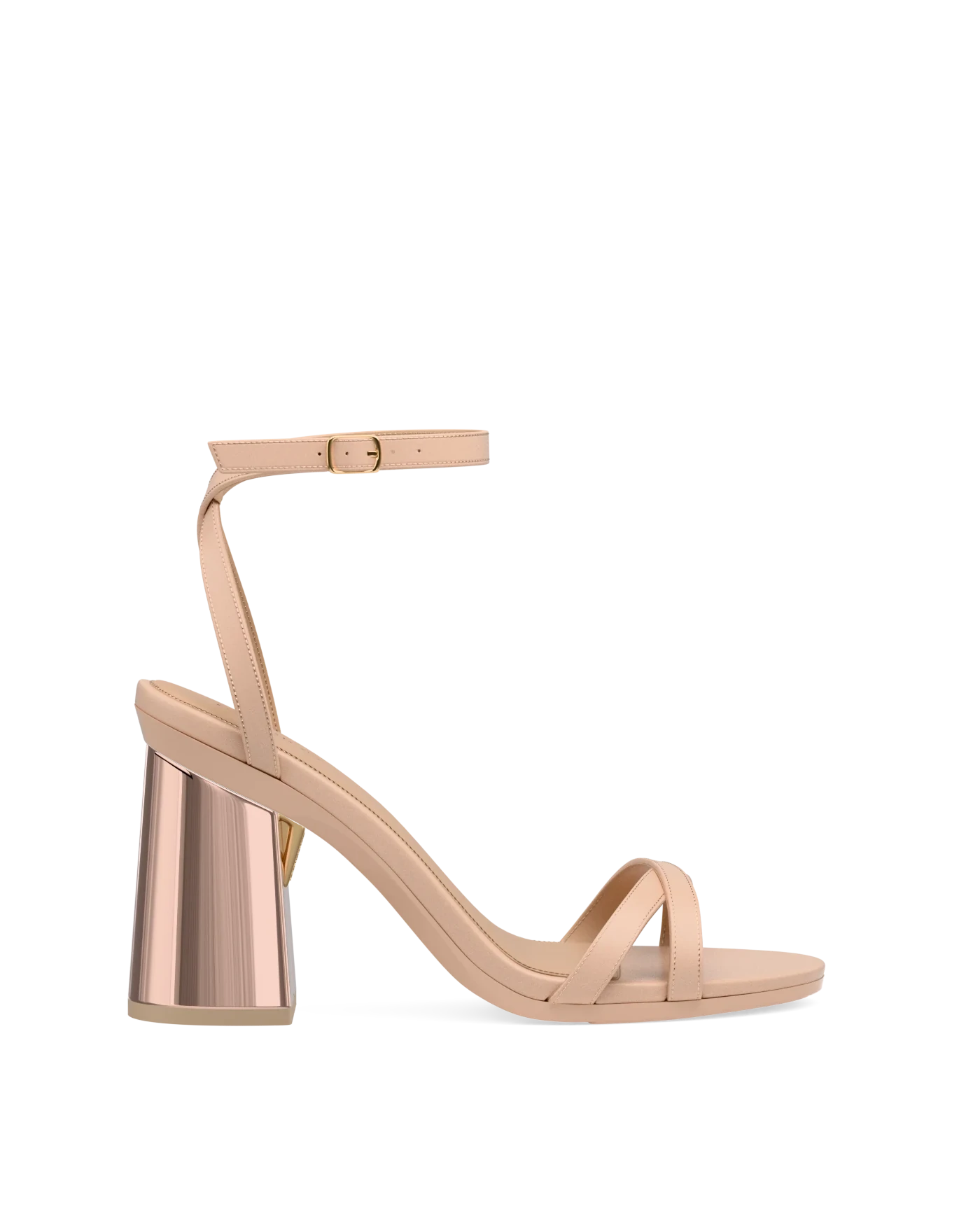Flare Block Heel Kit 4 Rose Gold Metallic shown on the Brynn Sand Leather upper. Pashion convertible heels go from heel to flat and are customizable with interchangeable heel kits.