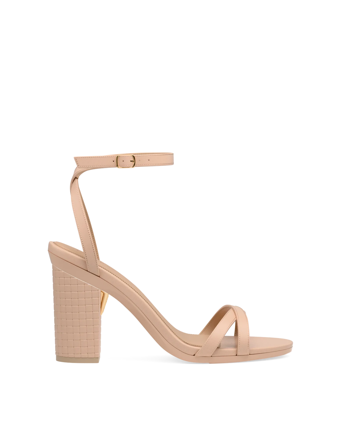 Block Heel Kit 4 Sand Woven Leather shown on the Brynn Sand Leather upper. Pashion convertible heels go from heel to flat and are customizable with interchangeable heel kits.