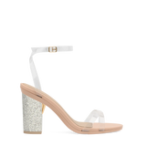 Block Heel Kit 4 Iridescent Glitter shown on the Brynn Transparent PU upper. Pashion convertible heels go from heel to flat and are customizable with interchangeable heel kits.