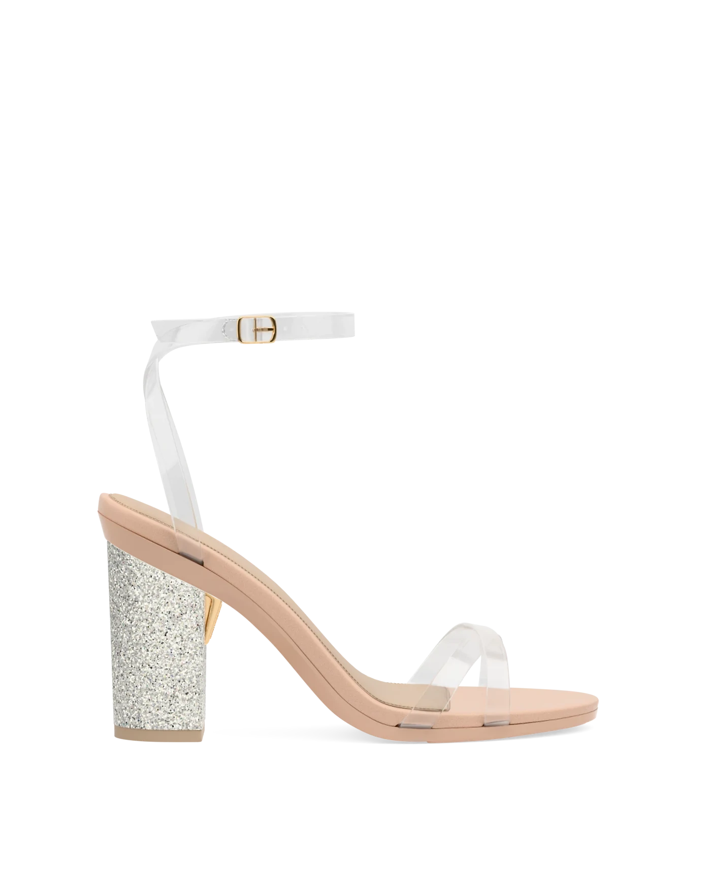 Block Heel Kit 4 Iridescent Glitter shown on the Brynn Transparent PU upper. Pashion convertible heels go from heel to flat and are customizable with interchangeable heel kits.