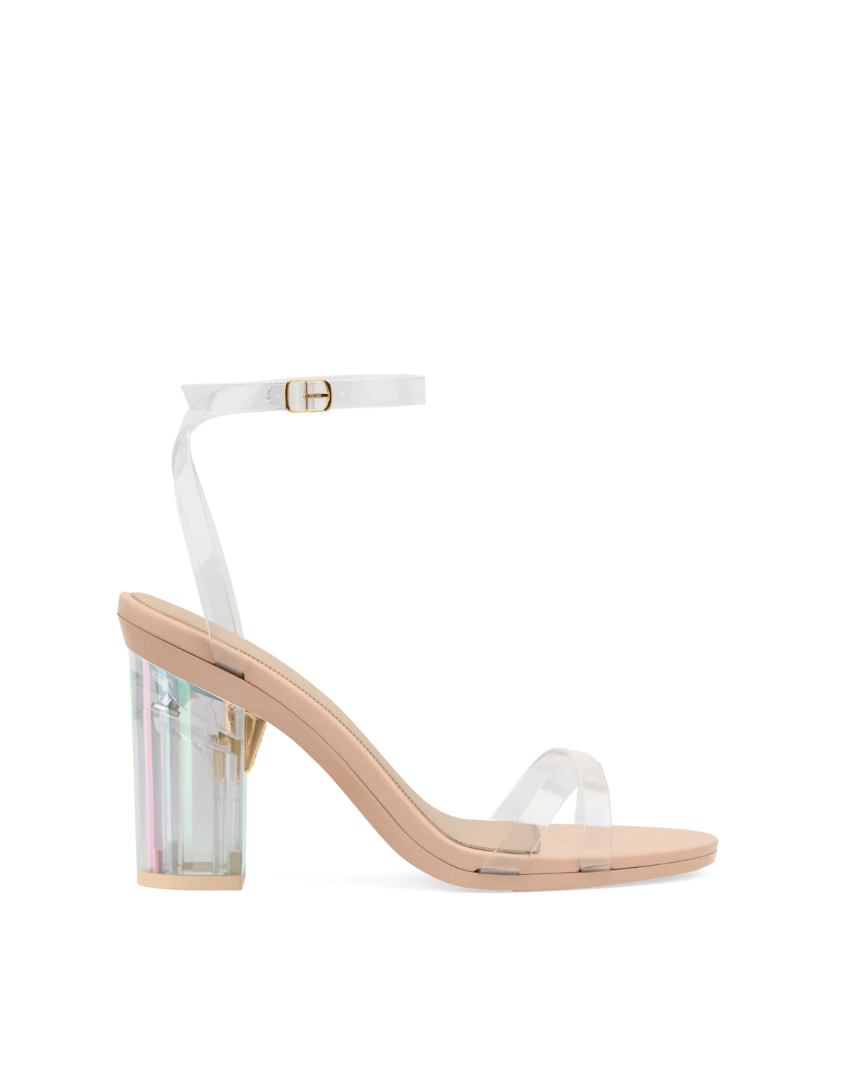 Block Heel Kit 4 Iridescent Transparent shown on the Brynn Transparent PU upper. Pashion convertible heels go from heel to flat and are customizable with interchangeable heel kits.
