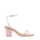 Block Heel Kit 3 Pink Tint Transparent shown on the Brynn Transparent PU upper. Pashion convertible heels go from heel to flat and are customizable with interchangeable heel kits.