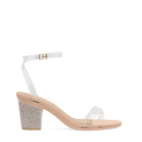 Block Heel Kit 3 Sand Rhinestone shown on the Brynn Transparent PU upper. Pashion convertible heels go from heel to flat and are customizable with interchangeable heel kits.