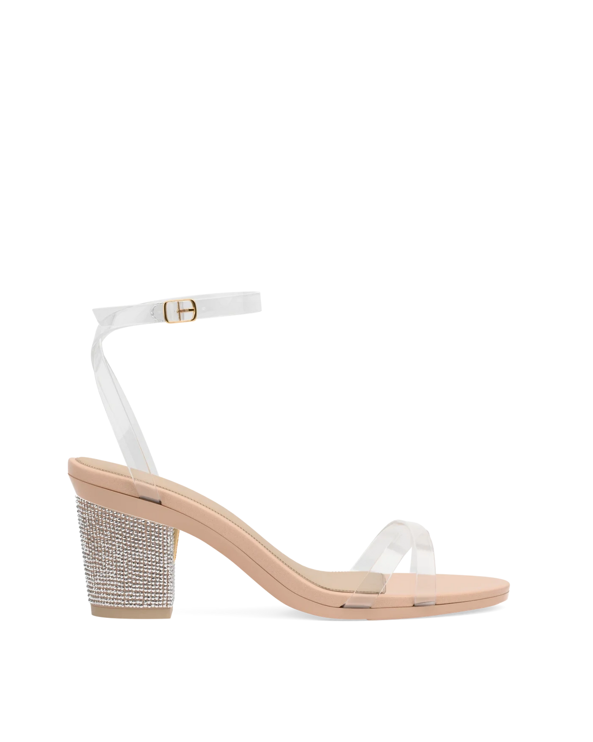 Block Heel Kit 3 Sand Rhinestone shown on the Brynn Transparent PU upper. Pashion convertible heels go from heel to flat and are customizable with interchangeable heel kits.