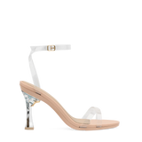Flare Stiletto Heel Kit 4 Transparent shown on the Brynn Transparent PU upper. Pashion convertible heels go from heel to flat and are customizable with interchangeable heel kits.