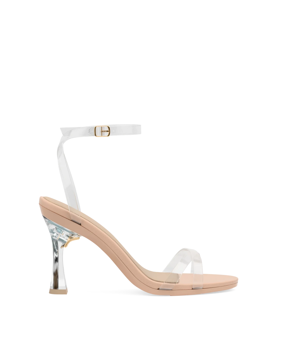 Flare Stiletto Heel Kit 4 Transparent shown on the Brynn Transparent PU upper. Pashion convertible heels go from heel to flat and are customizable with interchangeable heel kits.
