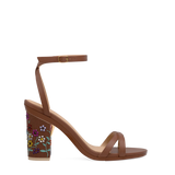Block Heel Kit 4 Eras Floral shown on the Brynn Walnut Leather upper. Pashion convertible heels go from heel to flat and are customizable with interchangeable heel kits.