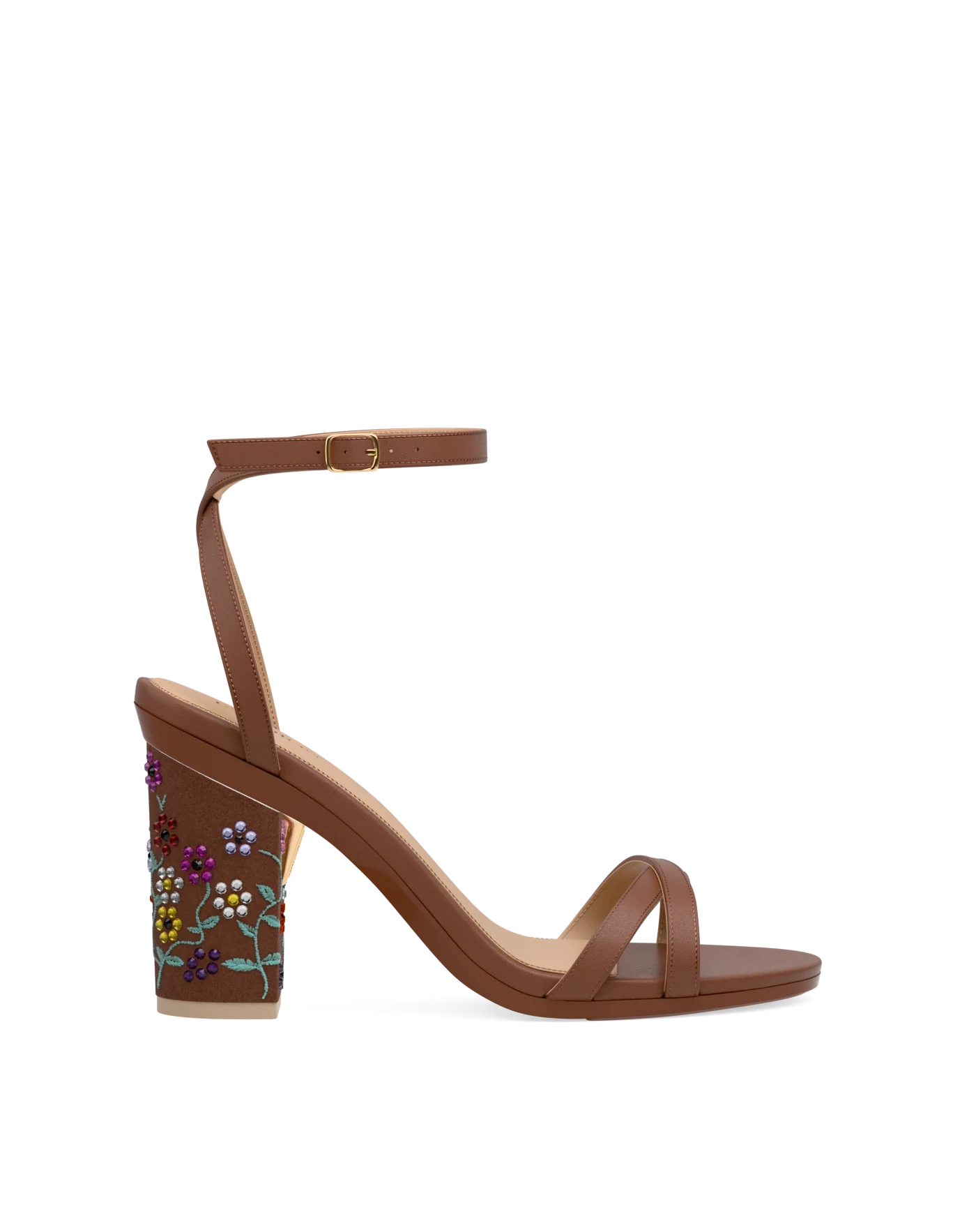 Block Heel Kit 4 Eras Floral shown on the Brynn Walnut Leather upper. Pashion convertible heels go from heel to flat and are customizable with interchangeable heel kits.