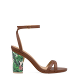Block Heel Kit 4 Tropical Print shown on the Brynn Walnut Leather upper. Pashion convertible heels go from heel to flat and are customizable with interchangeable heel kits.