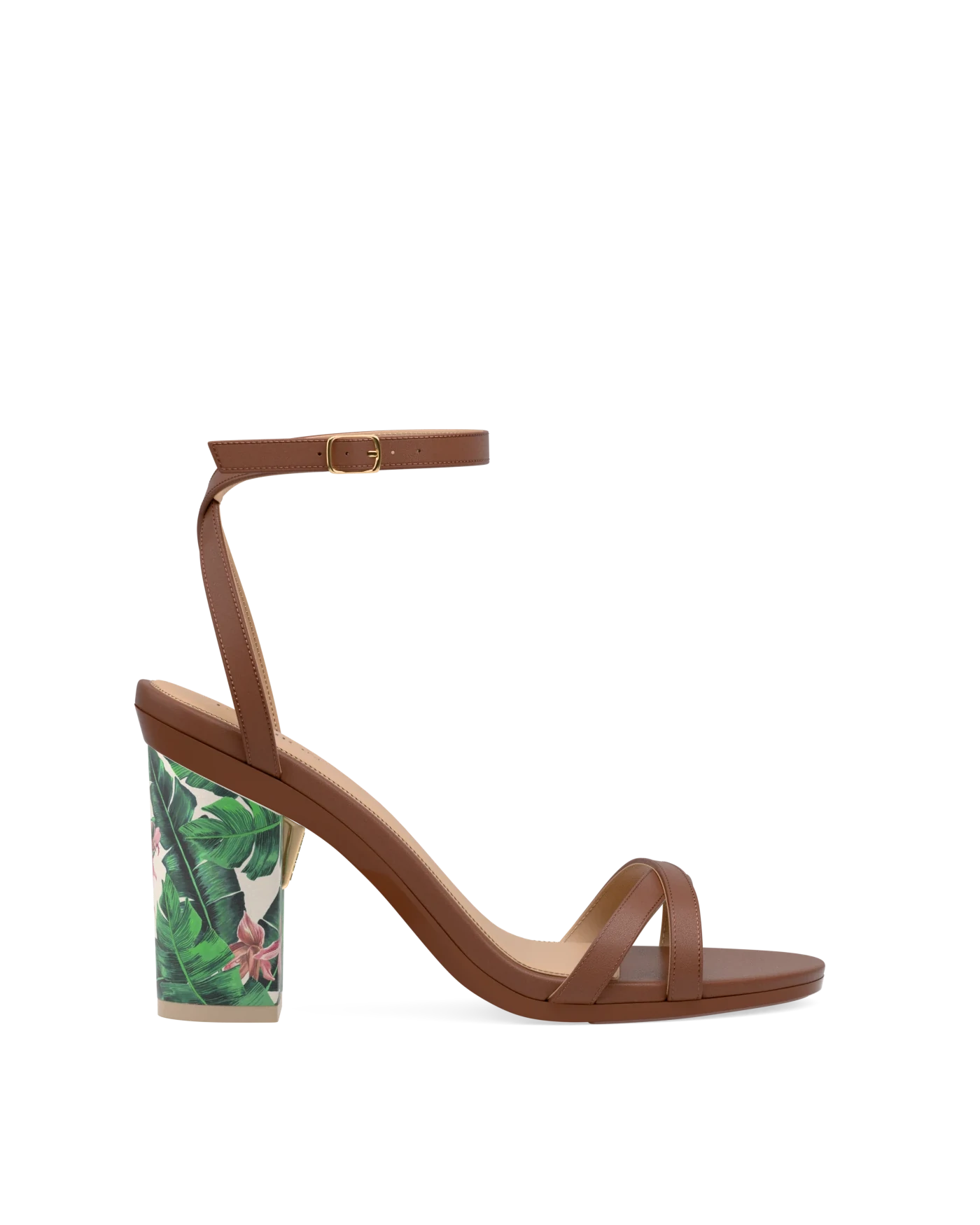 Block Heel Kit 4 Tropical Print shown on the Brynn Walnut Leather upper. Pashion convertible heels go from heel to flat and are customizable with interchangeable heel kits.