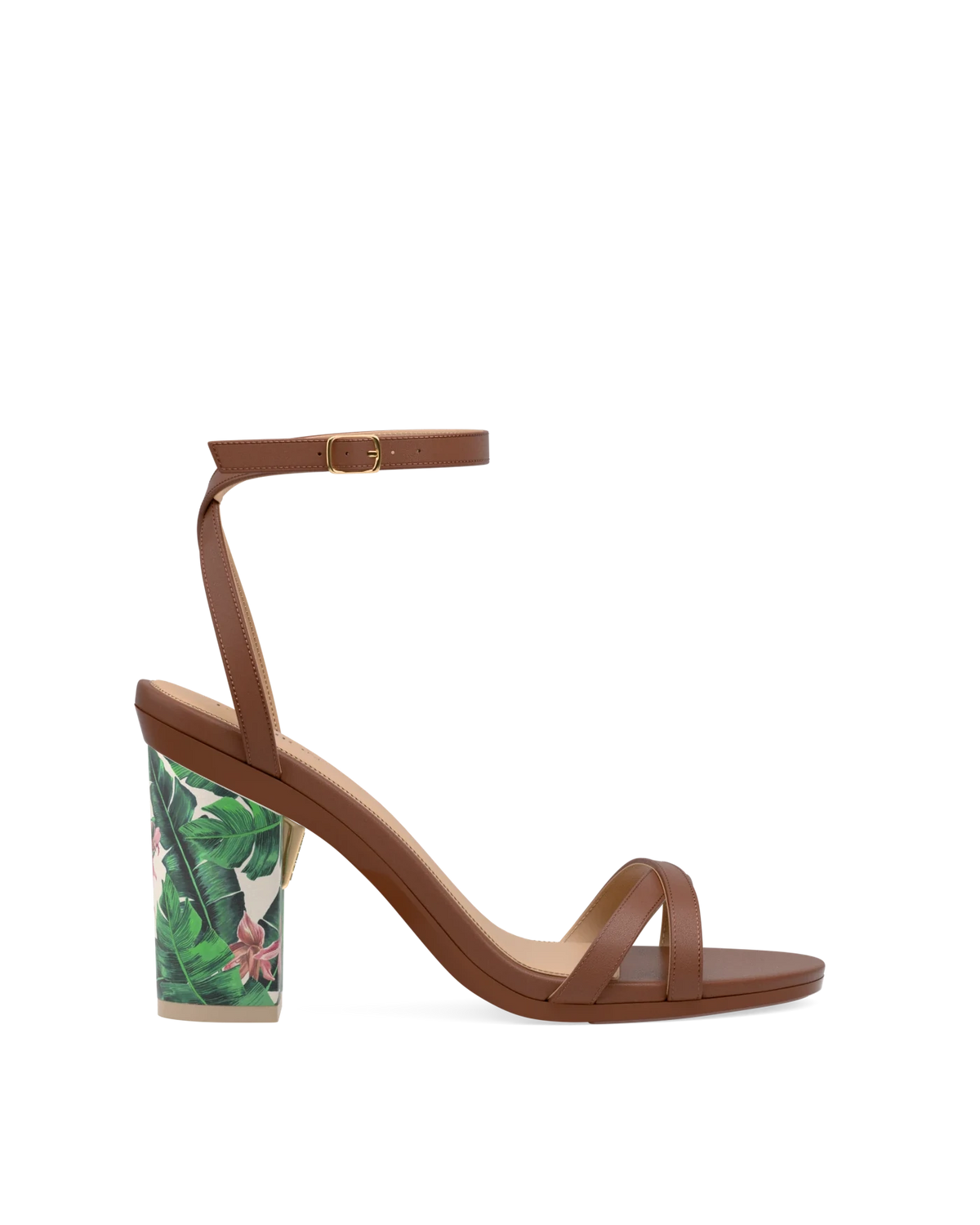 Block Heel Kit 4 Tropical Print shown on the Brynn Walnut Leather upper. Pashion convertible heels go from heel to flat and are customizable with interchangeable heel kits.