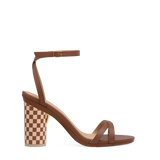 Cylinder Block Heel Kit 4 Checker Walnut & Sand shown on the Brynn Walnut Leather upper. Pashion convertible heels go from heel to flat and are customizable with interchangeable heel kits.