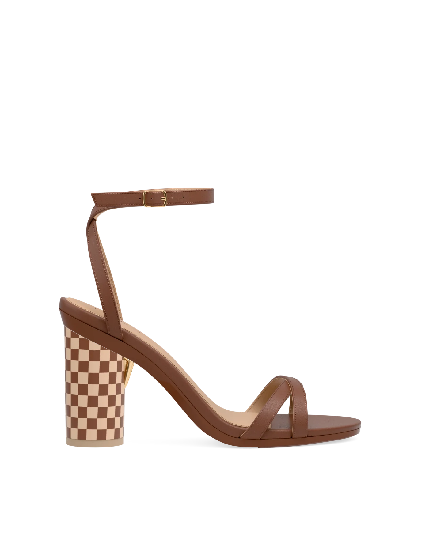 Cylinder Block Heel Kit 4 Checker Walnut & Sand shown on the Brynn Walnut Leather upper. Pashion convertible heels go from heel to flat and are customizable with interchangeable heel kits.