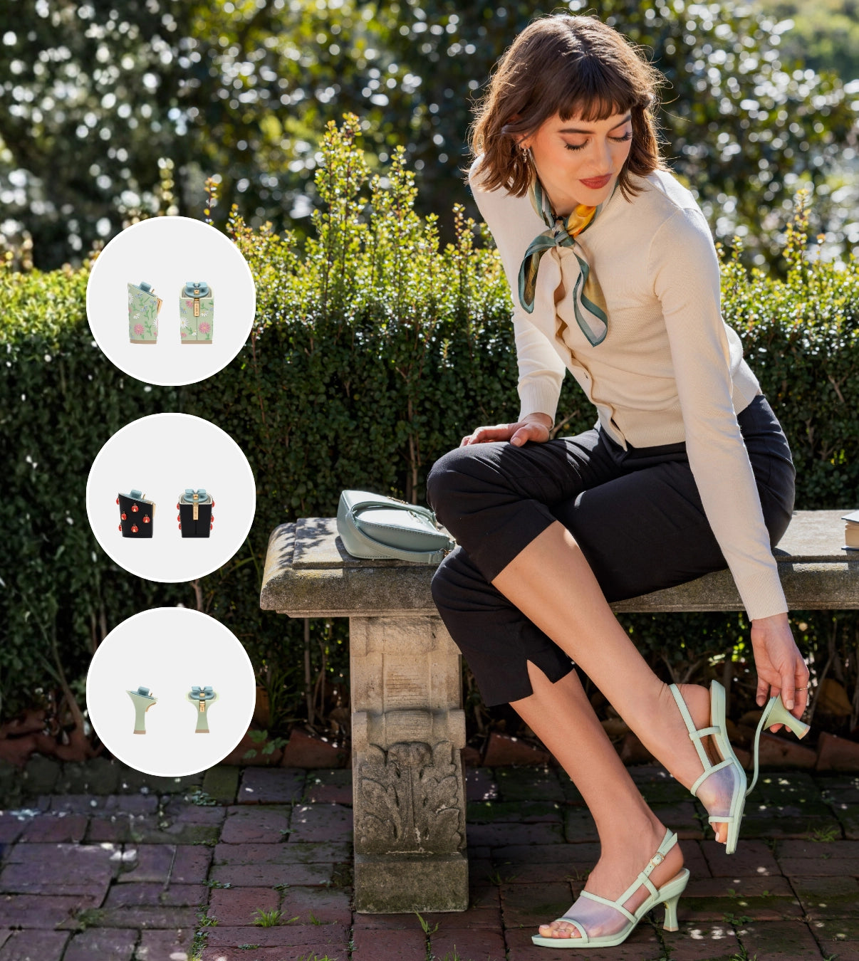 Woman sitting outdoors wearing mint green mesh mules with heel kit graphics aorund