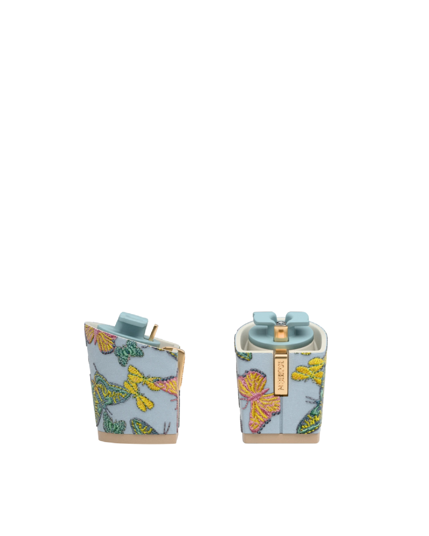 Block Heel Kit 3 Baby Blue Butterfly Embroidery, 3-inch interchangeable block heel. Pashion convertible heels go from heel to flat and are customizable with interchangeable heel kits.