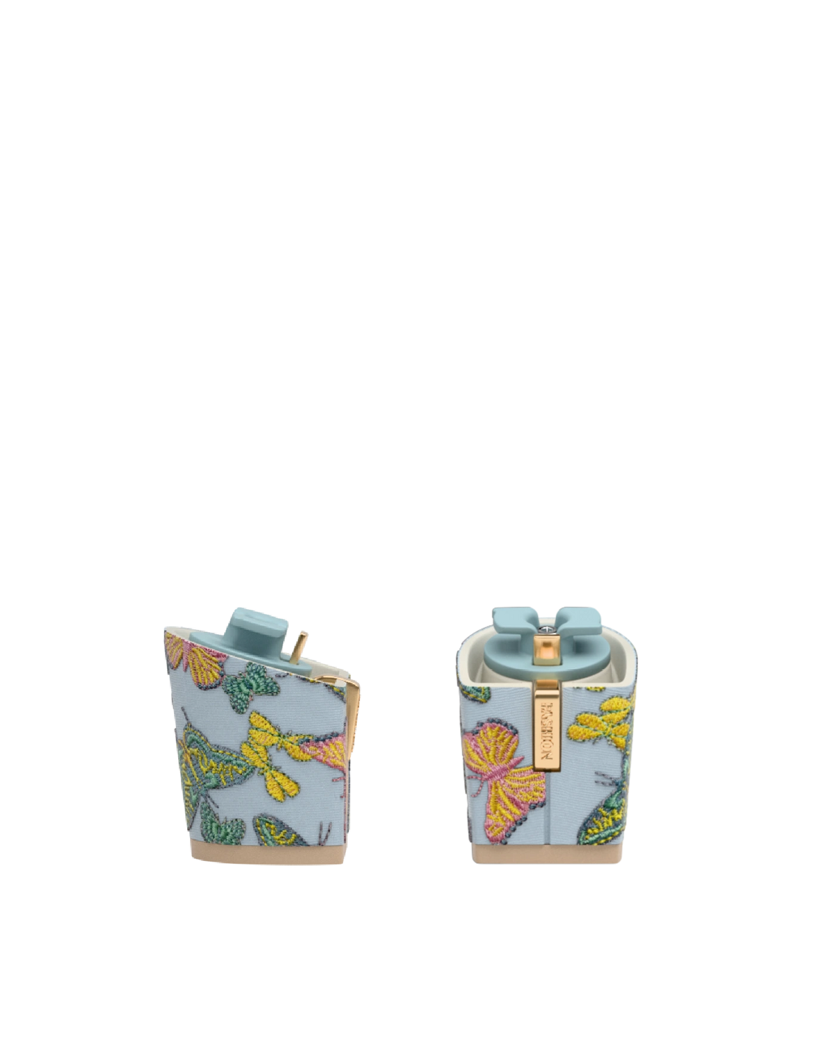 Block Heel Kit 3 Baby Blue Butterfly Embroidery, 3-inch interchangeable block heel. Pashion convertible heels go from heel to flat and are customizable with interchangeable heel kits.