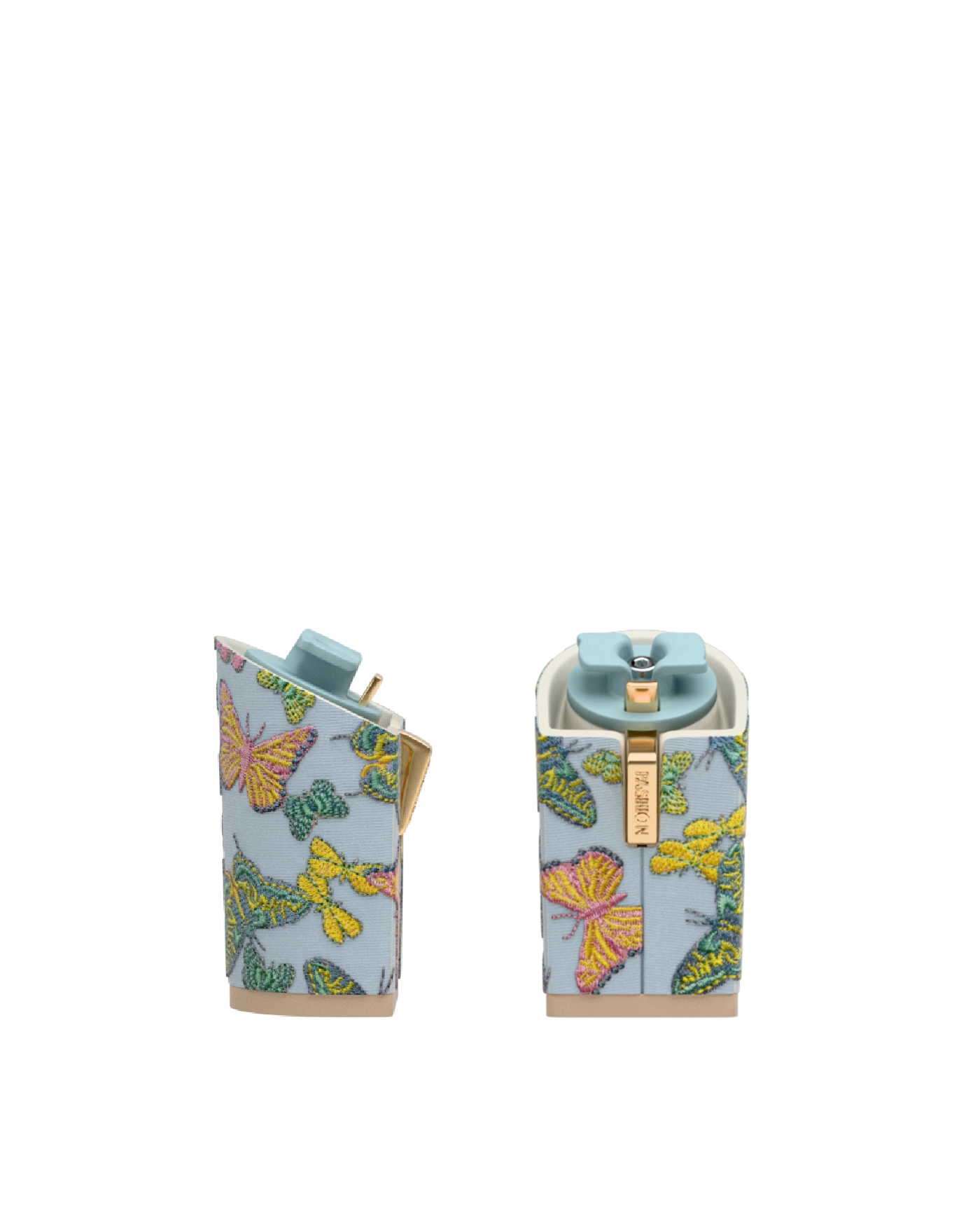 Block Heel Kit 4 Baby Blue Butterfly Embroidery, 4-inch interchangeable block heel. Pashion convertible heels go from heel to flat and are customizable with interchangeable heel kits.