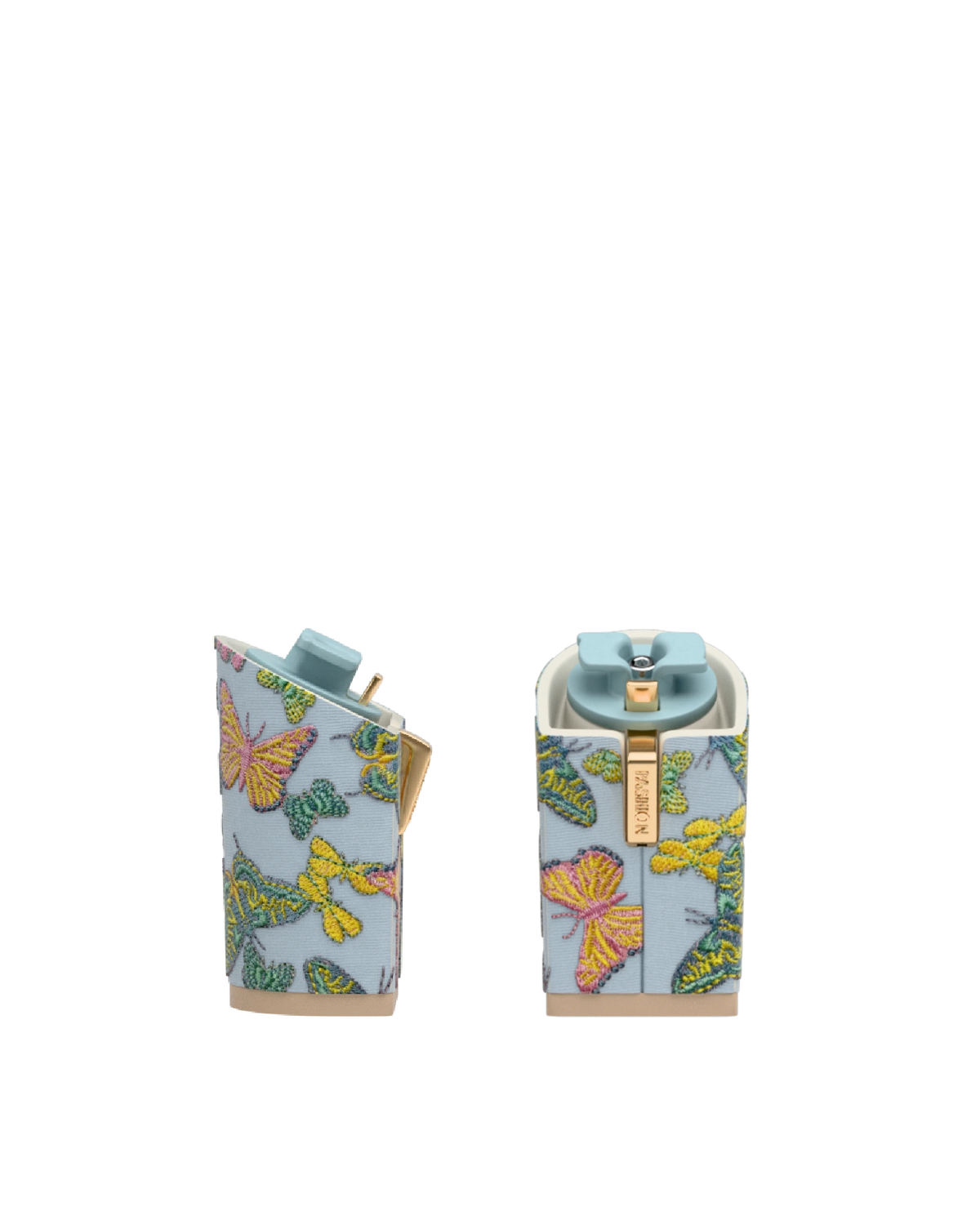 Block Heel Kit 4 Baby Blue Butterfly Embroidery, 4-inch interchangeable block heel. Pashion convertible heels go from heel to flat and are customizable with interchangeable heel kits.