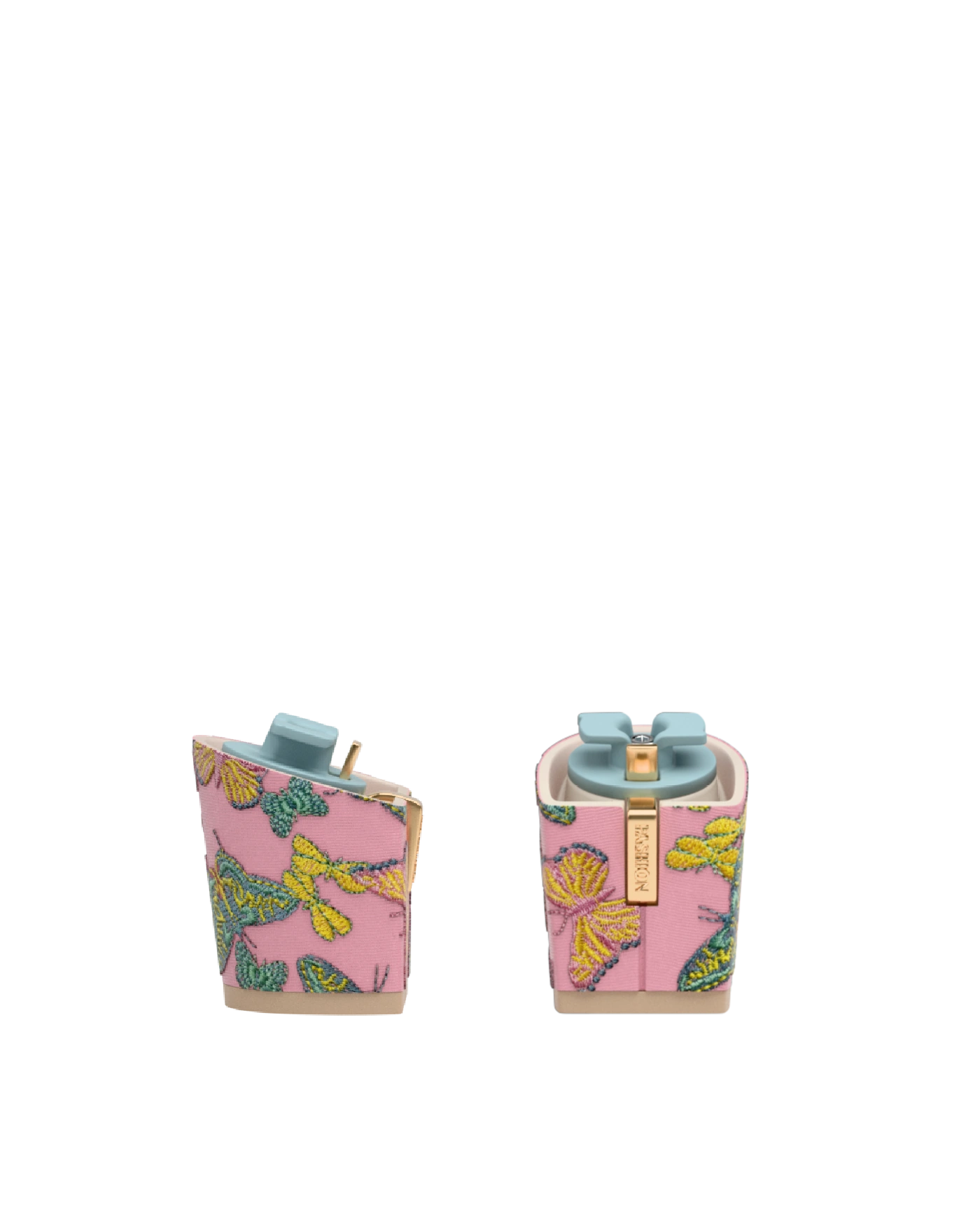 Block Heel Kit 3 Pink Butterfly Embroidery, 3-inch interchangeable block heel. Pashion convertible heels go from heel to flat and are customizable with interchangeable heel kits.