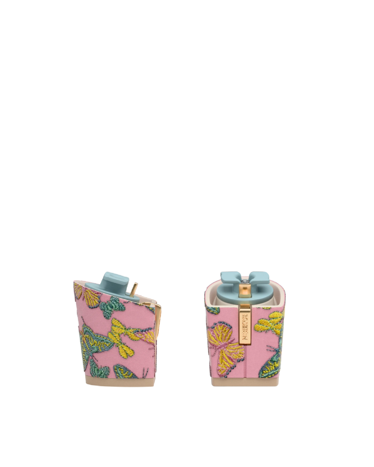 Block Heel Kit 3 Pink Butterfly Embroidery, 3-inch interchangeable block heel. Pashion convertible heels go from heel to flat and are customizable with interchangeable heel kits.
